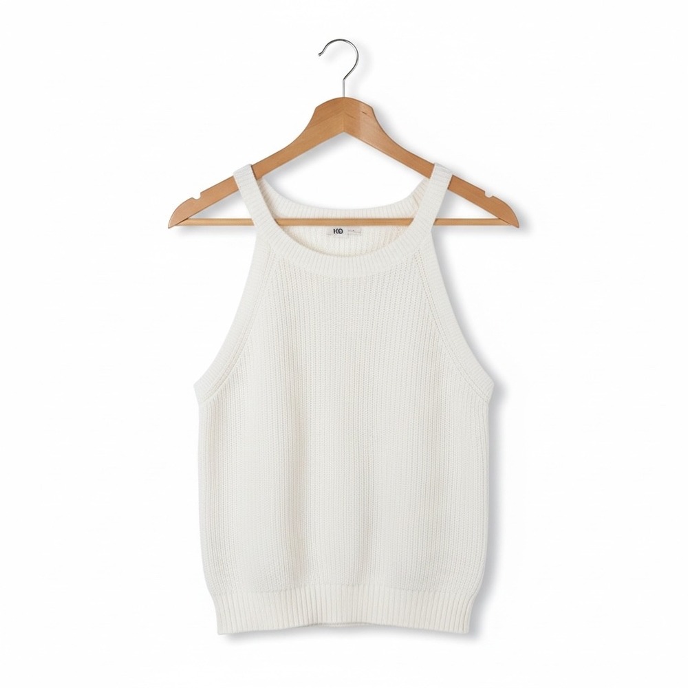 KO Knit Tank Top Cream Ribbed Halter Neck Cotton Women's Size L
